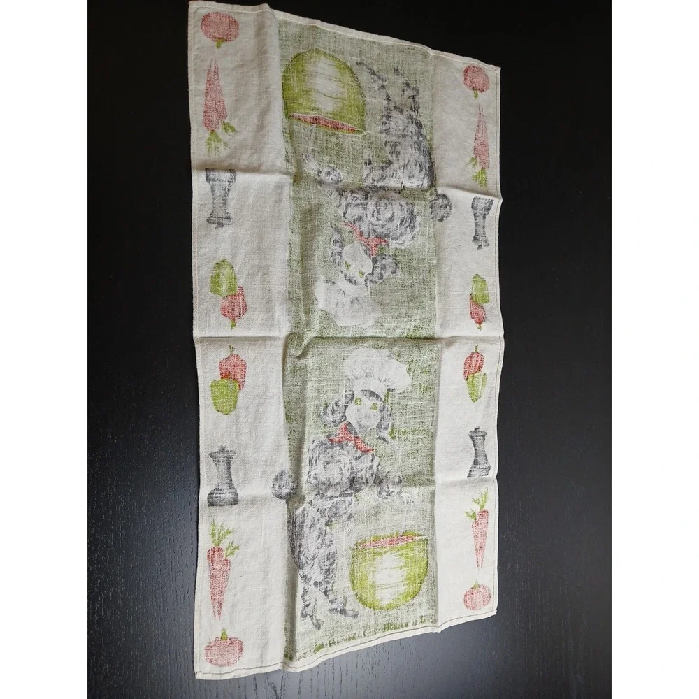 Vintage Printed‎ linen Towel Green & POODLE Dog Cooking Made Poland #457C